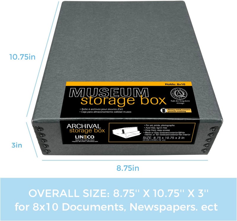 Lineco Museum Archival Storage Box, 8.75x10.75x3 in. Drop Front Design. Acid-Free with Metal Edge. Organize Photos, Pictures, Prints, Documents, Crafts, DIY. Gray, 1 Pack - Image 5